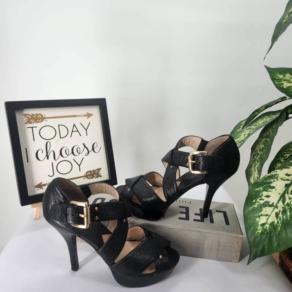 Michael Kors Black Leather Gold Studded Buckle Platform Caged Heel Sandal Sz 6.5